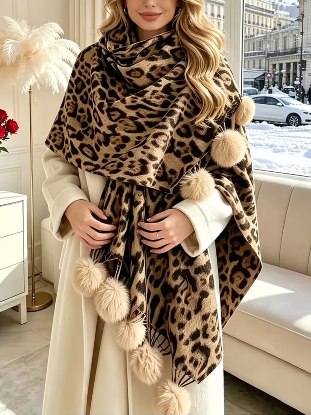 Leopard Print Pom-Pom Wrap Shawl - Brown